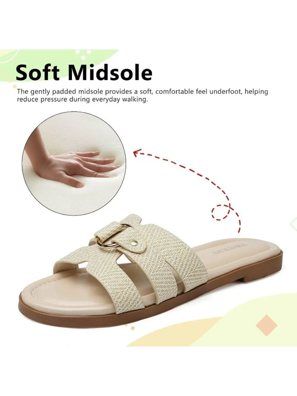 Women's Beige Leather Summer Comfortable Open Toe Slip On Beach Flat Sandals